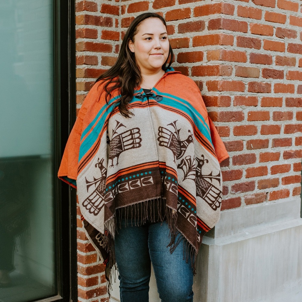 “Ancestral Spirits” Hooded Fashion Wrap by Kewa Pueblo Artist Robert Tenorio - Picture 2 of 7